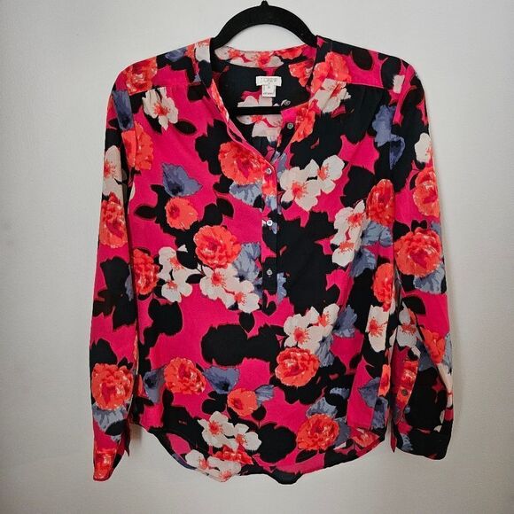 J.Crew Blouse Long Sleeve Floral Pink Purple Black Buttons Business Casual - Picture 9 of 9